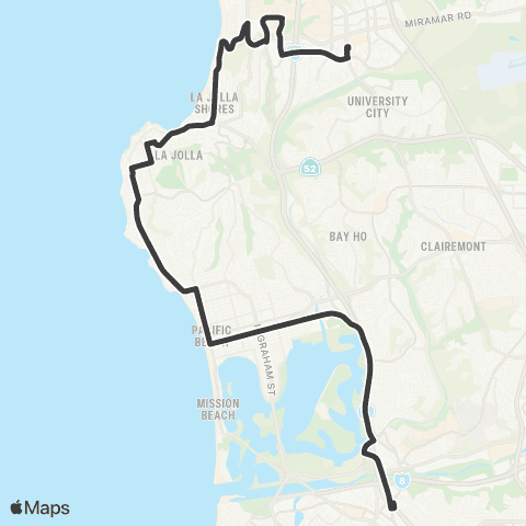 MTS Old Town - UTC via Pacific Beach map