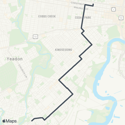 SEPTA 74th-Elmwood to 46th-Ludlow map