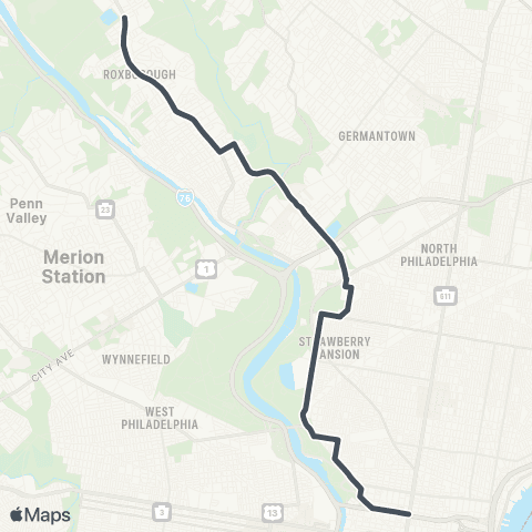 SEPTA Broad-Vine to Upper Roxborough map