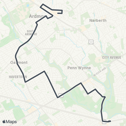 SEPTA Ardmore to 69th St Transit Center map
