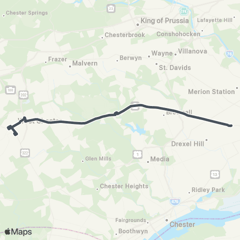 SEPTA West Chester U to 69th St TC map