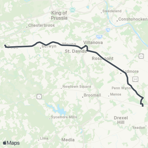 SEPTA Paoli to 69th St Transit Center map