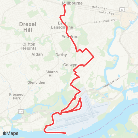 SEPTA UPS / Airport to 69th St Transit Ctr map