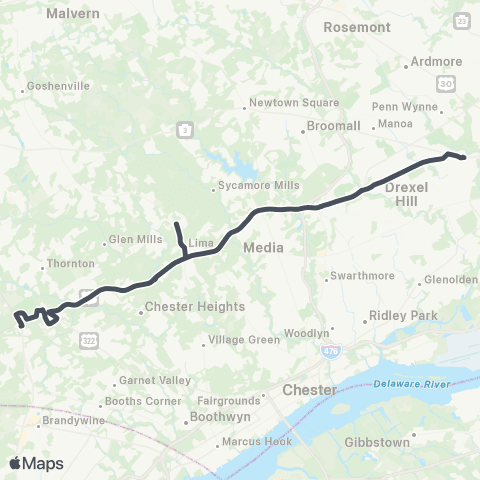 SEPTA Chadds Ford to 69th St Transit Ctr map