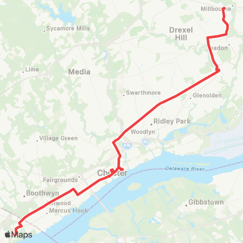SEPTA Claymont TC to 69th St Transit Ctr map