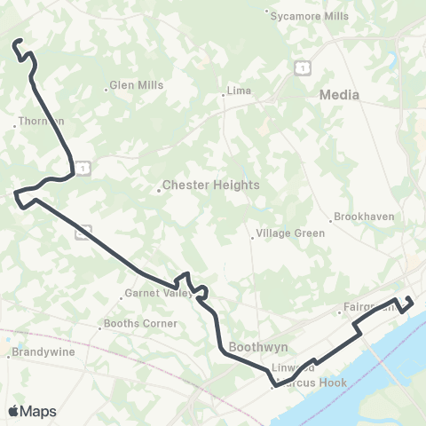 SEPTA Cheyney U to Chester Transit Center map