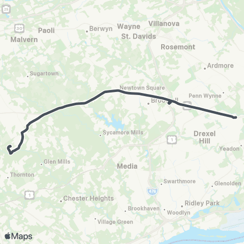 SEPTA Cheyney U to 69th St Transit Center map