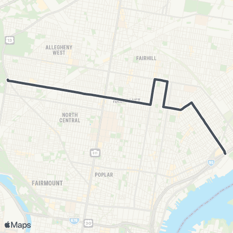 SEPTA Richmond-Cumberland to 33rd-Dauphin map