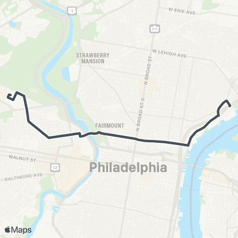 SEPTA Richmond-Cumberland to 50th-Parksde map