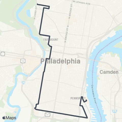 SEPTA Pier 70 to 33rd-Dauphin map