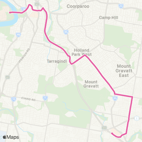 TransLink Garden City - UQ Express via Newnham Rd map