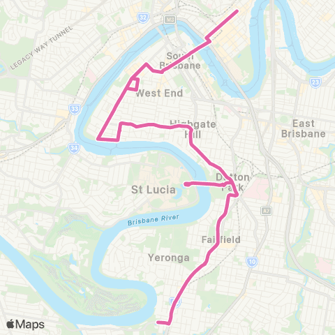 TransLink Yeronga - City via UQ Lakes and Highgate Hill map