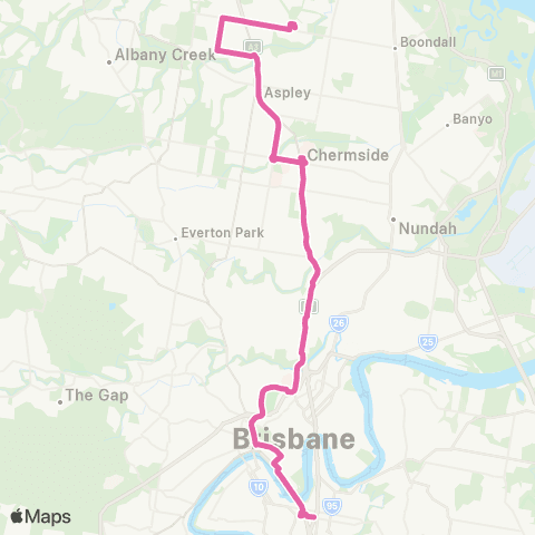 TransLink Carseldine - Woolloongabba Exp via City map