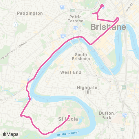 TransLink University of Qld - City via Hawken Dr map