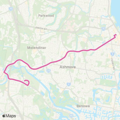TransLink Southport - Nerang via Ashmore map