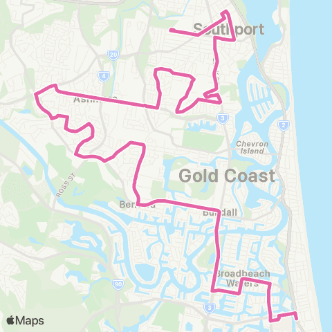 TransLink Broadbeach - Southport via Ashmore, Keebra Pk map
