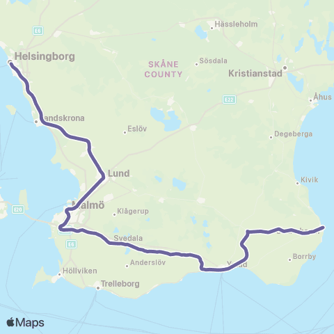 Skånetrafiken Kristianstad-Höör-Eslöv-Malmö-Trelleborg map