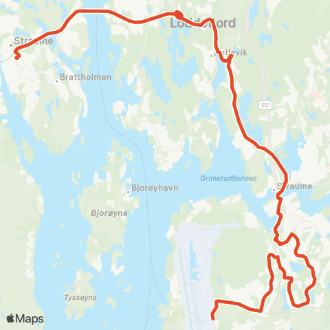 Skyss Storavatnet-Dolvik-Sandslimarka-Birkelandskrysset map