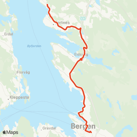 Skyss Viddalen - Ervik - Bergen busstasjon map