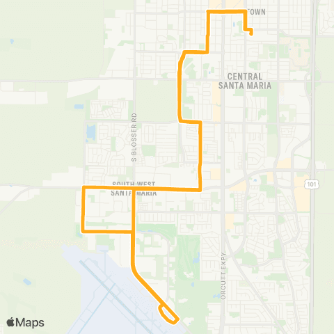 Santa Maria Regional Transit Rt 4. TC to SMH Sch to VTC via Cook St., Thornburg., Betteravia Rd. map