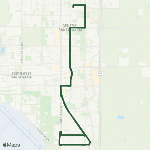 Santa Maria Regional Transit Rt 5. TC to Gov't Cntr to Evergreen Shopping Ctr via Miller St., S.M. Way map