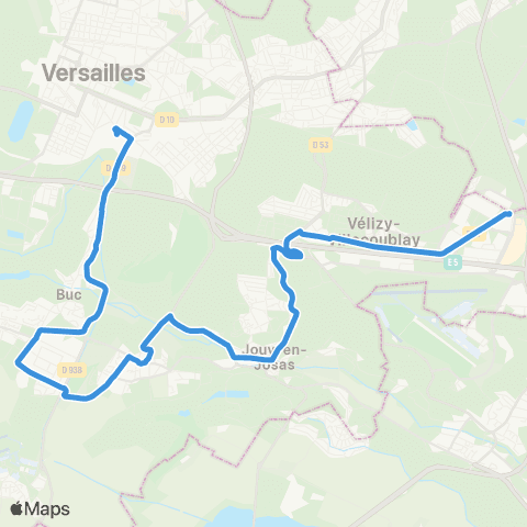 Île-de-France Mobilités Vélizy 2 <>︎ Gare des Chantiers - Abbé Rousseaux map