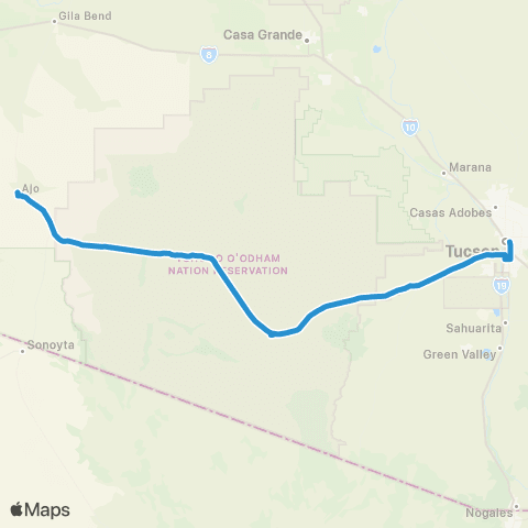 Sun Shuttle Ajo to Tucson map