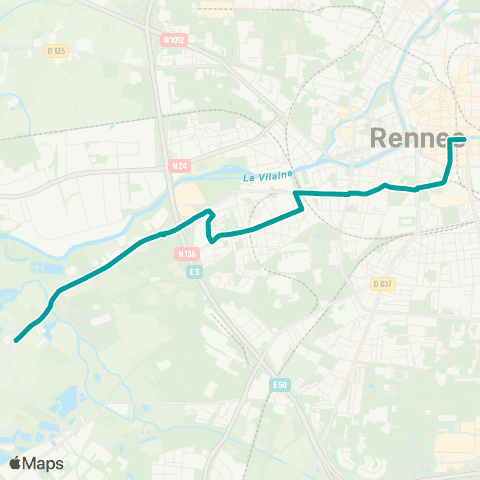 STAR Api'Bus : Rennes (Rép.) - Rennes (Etangs d'Apigné) map