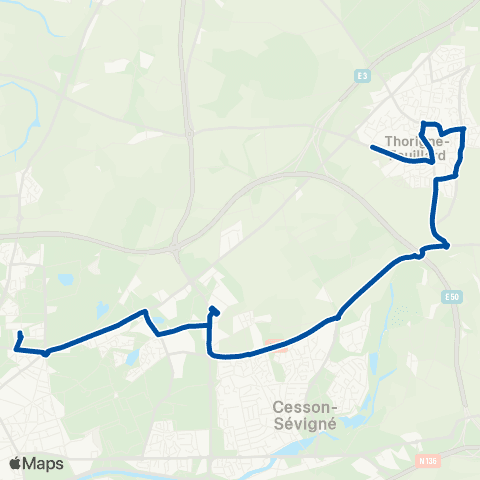STAR Thorigné-Fouillard (ZA Bellevue) - Cesson-Sévigné - Rennes (Les Gayeulles) map