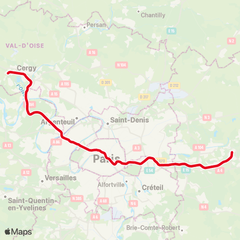 RATP/SNCF St-Germain-en-Laye • Poissy • Cergy <>︎ Boissy-St-Léger • Marne-la-Vallée map