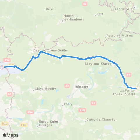 Île-de-France Mobilités Roissypôle - Aéroport CDG 1 (G2) <> Gare de la Ferté-sous-Jouarre (Quai I) map