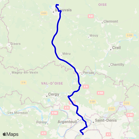 Île-de-France Mobilités Aéroport Paris Beauvais <> Paris Pte Maillot map