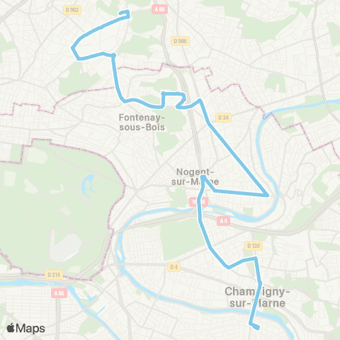 Île-de-France Mobilités Champigny - St-Maur RER <> Montreuil-Boissière-Acacia map
