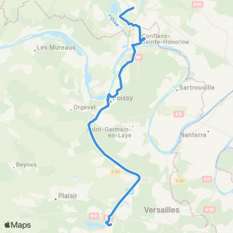 Île-de-France Mobilités St-Quentin - Gare rout. Paul Delouvrier <> Gare de Cergy Préf. - Quai O map