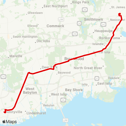 Suffolk County Transit Amityville RR to Smith Haven Mall map