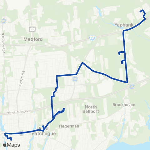 Suffolk County Transit Patchogue RR to East Yaphank map
