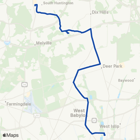 Suffolk County Transit Babylon RR to Walt Whitman Shops map
