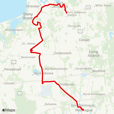 Suffolk County Transit Patchogue RR to Port Jefferson Station map