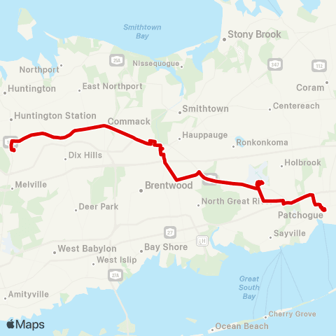 Suffolk County Transit Walt Whitman Shops to Patchogue RR map