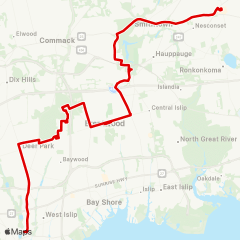 Suffolk County Transit Babylon RR to Smith Haven Mall map