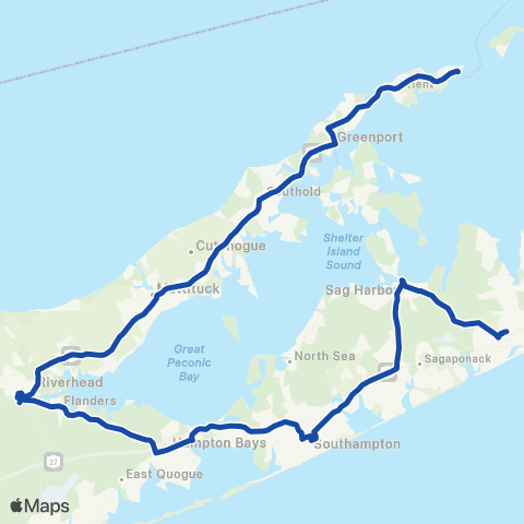 Suffolk County Transit 92 E Hampton RR to Orient Point Ferry Dock map