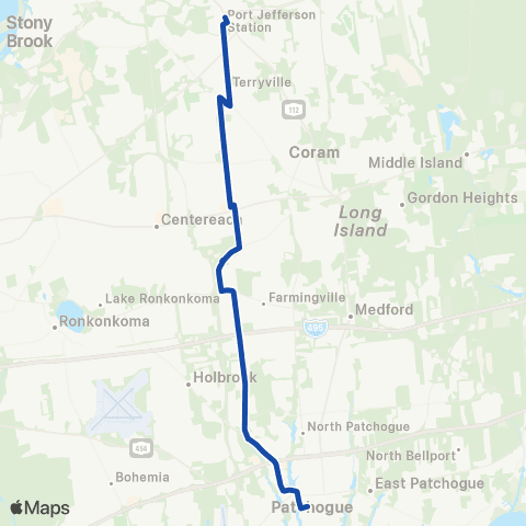 Suffolk County Transit Patchogue RR to Port Jefferson Station map