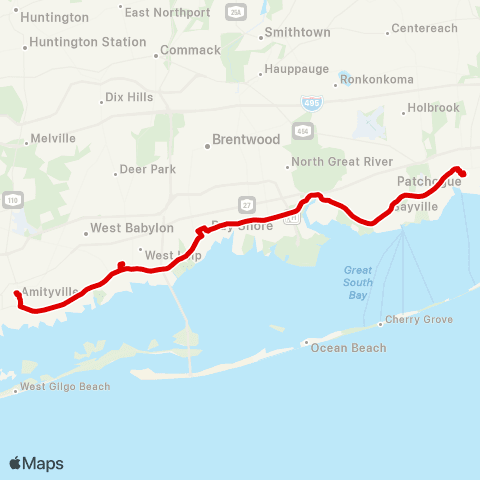 Suffolk County Transit Amityville RR to Patchogue RR map