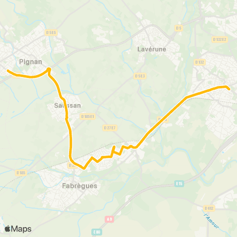 TaM St-Jean de Védas Ctre - Saussan - Pignan La Bornière map