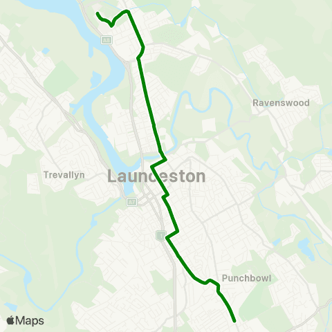 Metro Tasmania Univ to Kings Meadows via Launceston City map