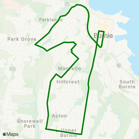Metro Tasmania Acton / Montello to Burnie map