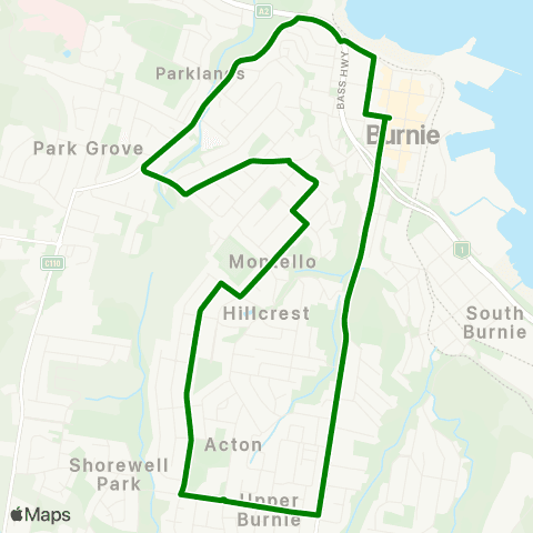 Metro Tasmania Acton / Montello to Burnie map
