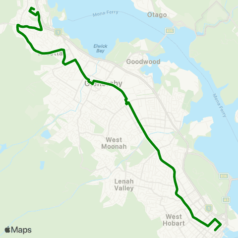 Metro Tasmania Chigwell to Hobart City map