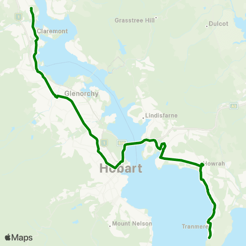 Metro Tasmania Tranmere to Glenorchy Limited Stops map