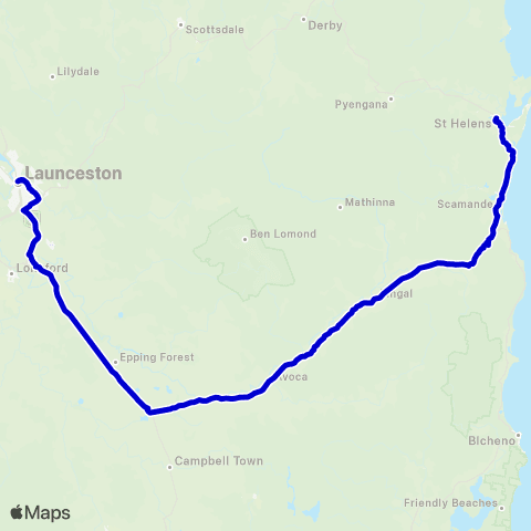 Calow's Coaches St Helens to Launceston map